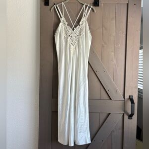 Vintage 80s Long Slip Dress Beaded Pearls Lace Low Back